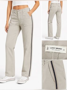 Lucky Brand Khaki Straight Leg Pants Side Trim Size 24